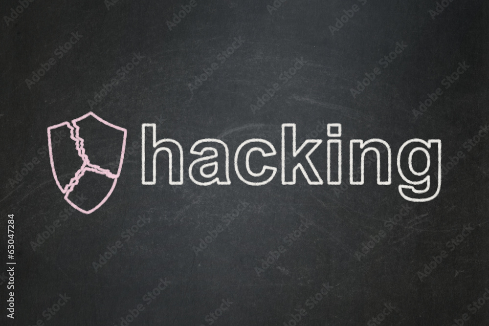 Obraz premium Protection concept: Broken Shield and Hacking on chalkboard