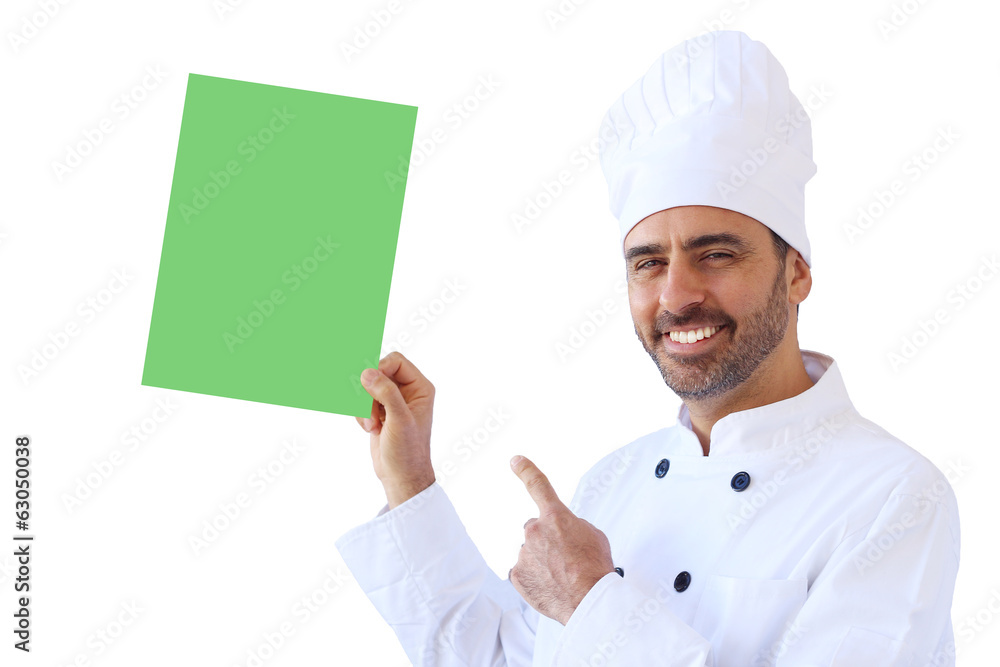 Chef holding up an empty sign in green Chef holding up an empty sign in green