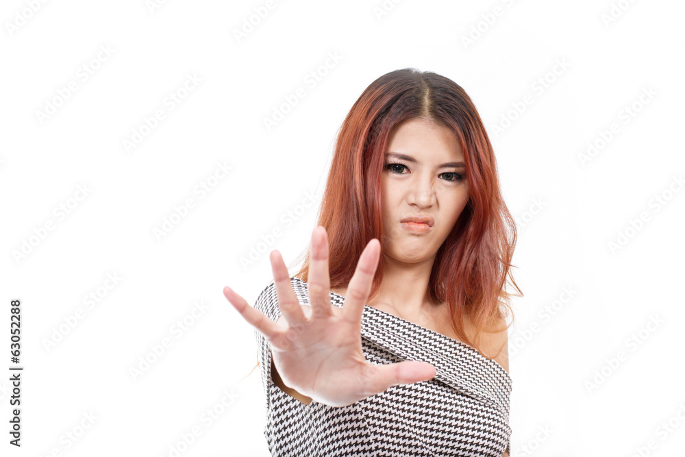 woman with angry mood showing stop, reject, refuse hand sign woman with angry mood showing stop, reject, refuse hand sign