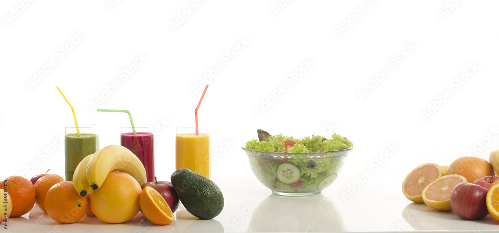 Table full of organic food,juices, smoothie ,healthy salad