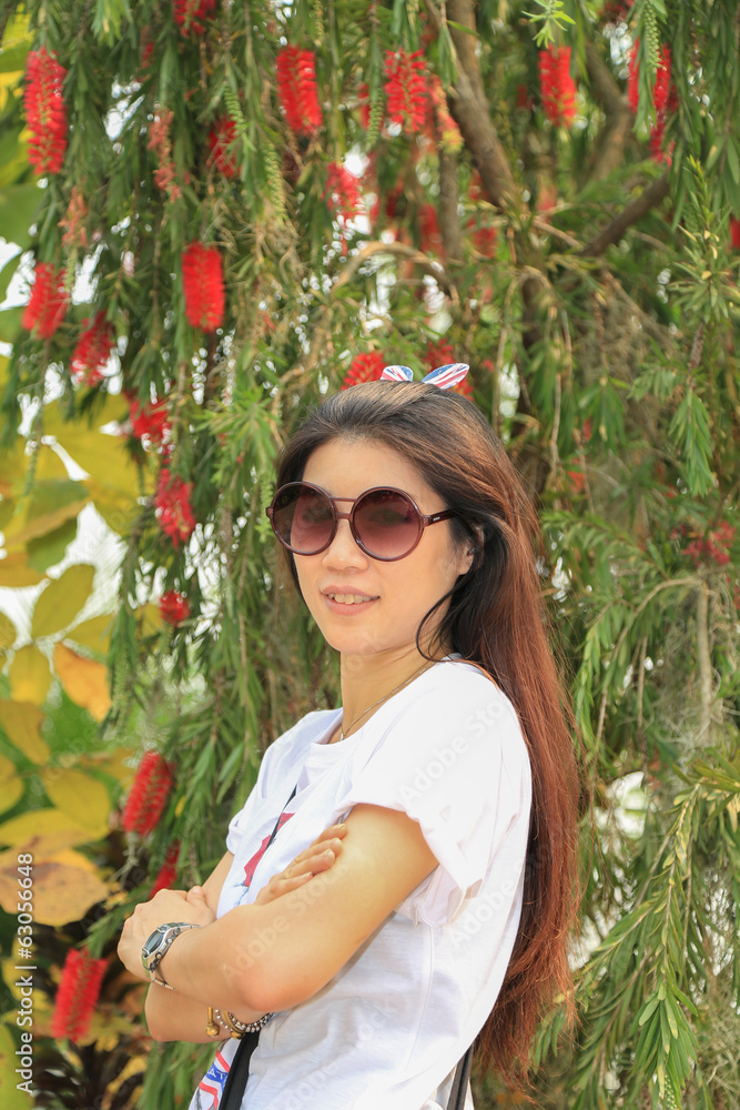 happy girl portrait in garden happy girl portrait in garden
