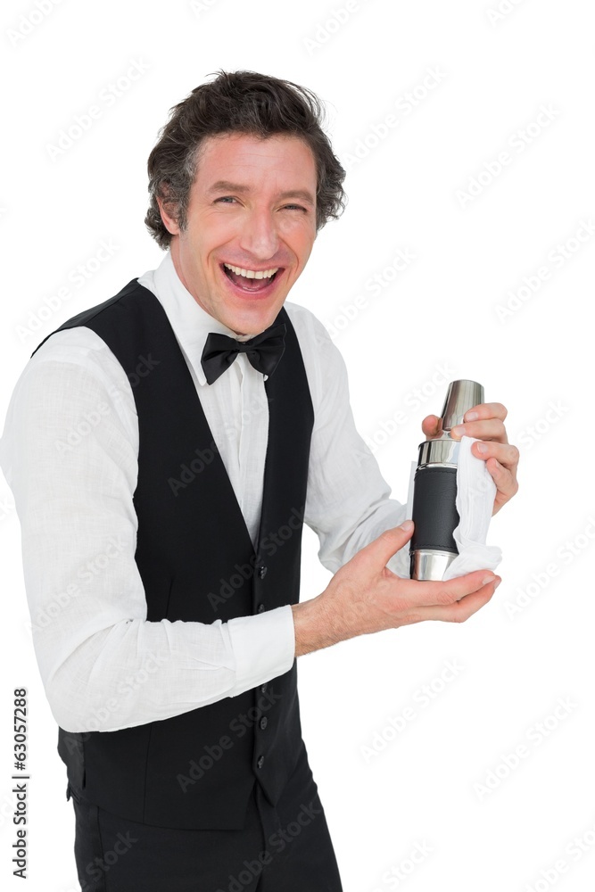 Bartender using cocktail shaker against white background Bartender using cocktail shaker against white background