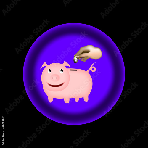 Chapa violeta con cerdito ahorrador y mano 3d