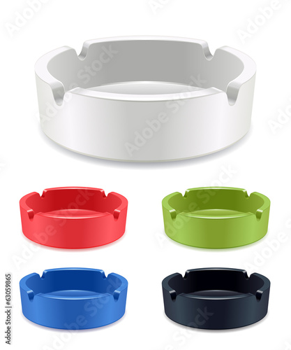 Set of isolated ashtrays - white, red, green, blue, black.