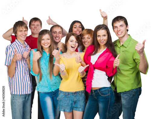 Group of smiling young people with a raised thumb