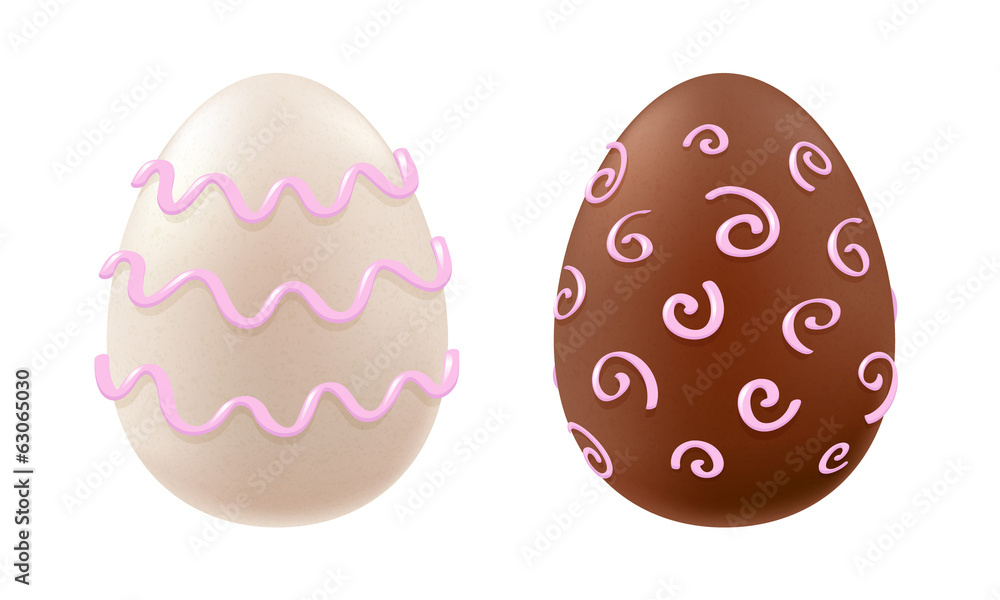 Chocolate eggs of white and dark chocolate with curls and waves. Chocolate eggs of white and dark chocolate with curls and waves.