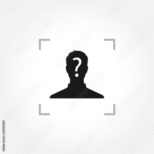 Man icon with question mark inside camera focus frame