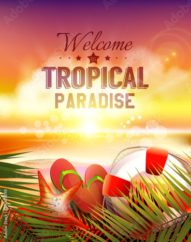 Summer sunset on the beach - vector poster