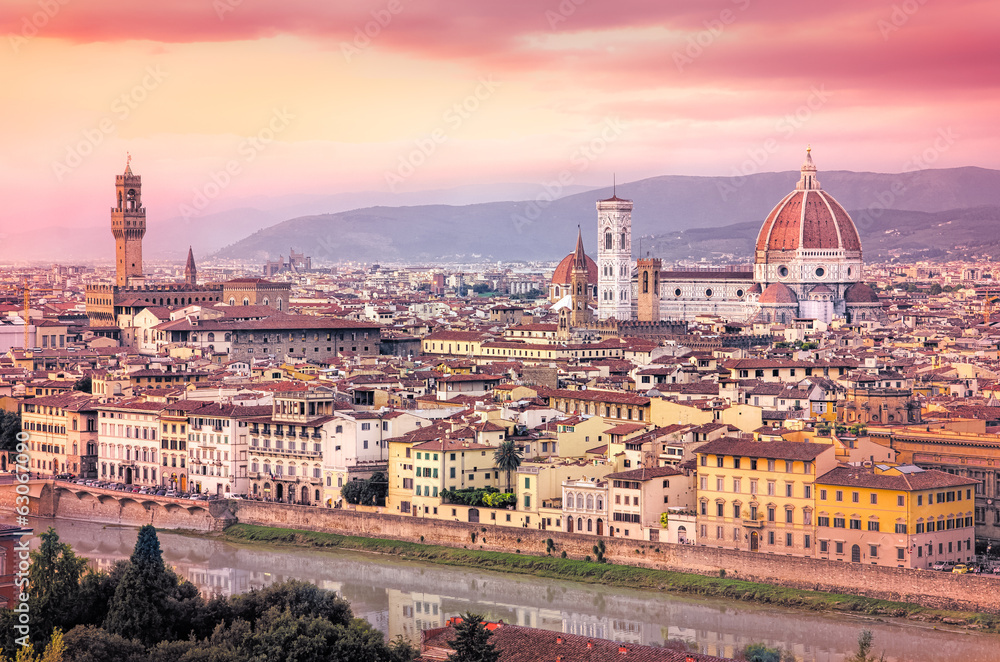 Scenic view of Florence at sunset in dreamy filtered style
