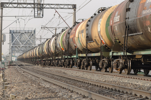 A train of tank cars in motion