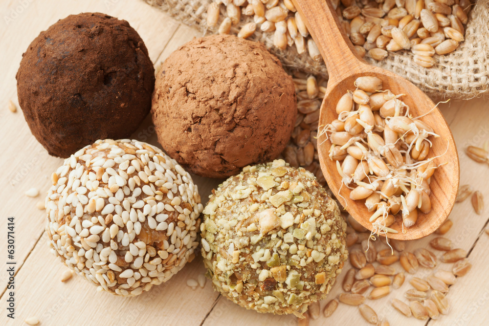 Fototapeta premium macrobiotic healthy food: balls from ground wheat sprouts with s