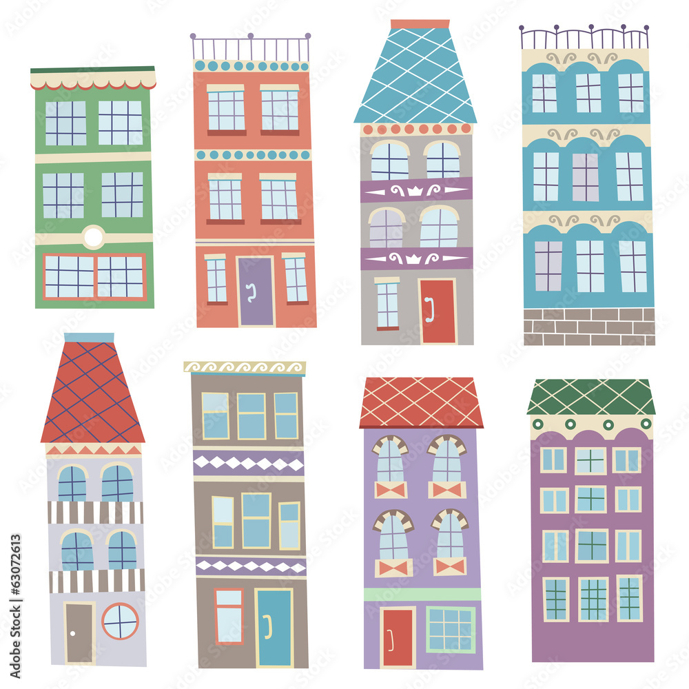 Cute cartoon vector set of hand drawn houses on white background