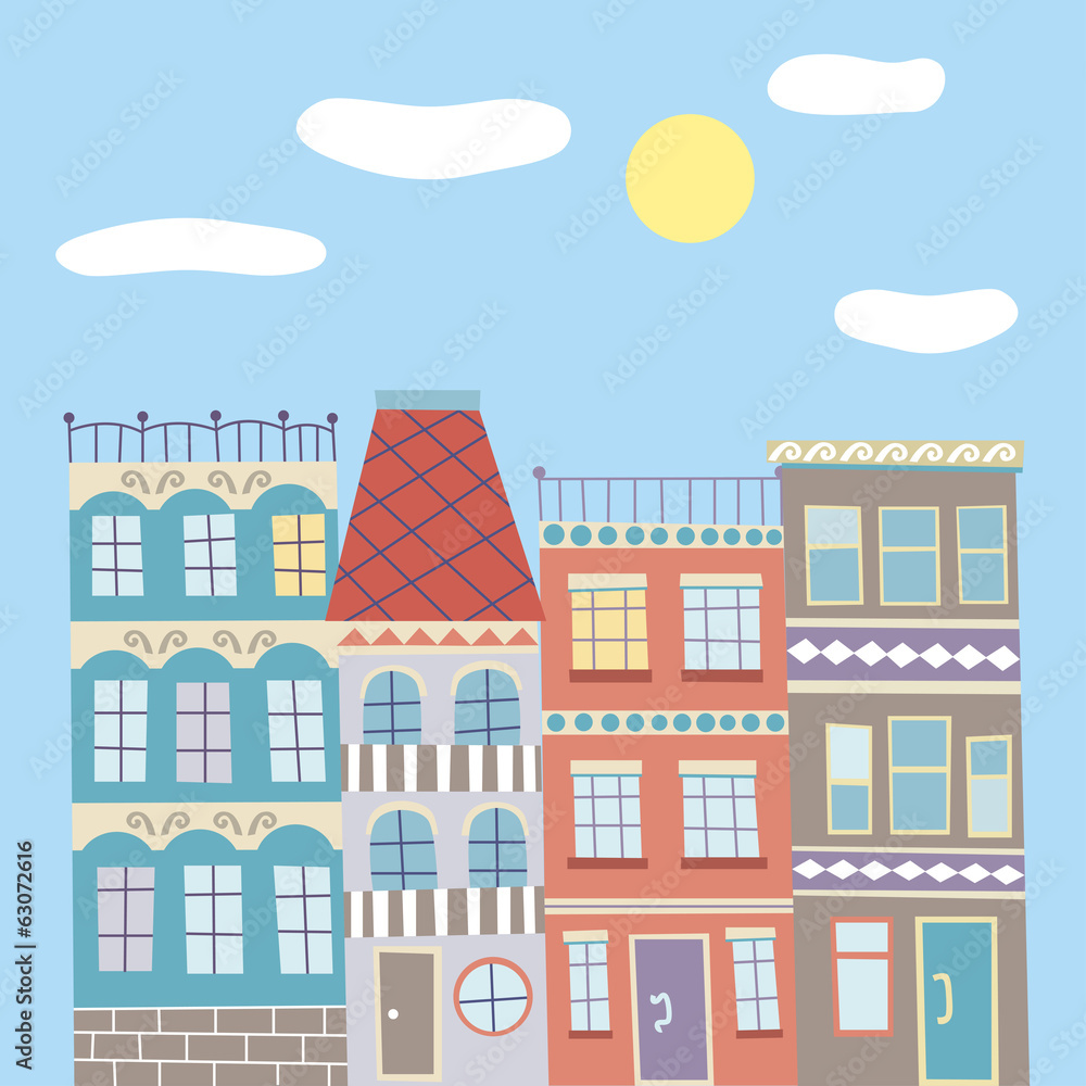 Cute cartoon vector hand drawn town in bright sunny day