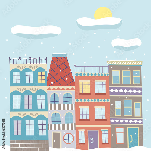 Cute cartoon vector hand drawn town in winter snowy day