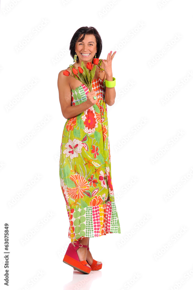 Smiling girl with tulips in the hands