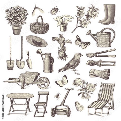 collection of vintage garden design elements