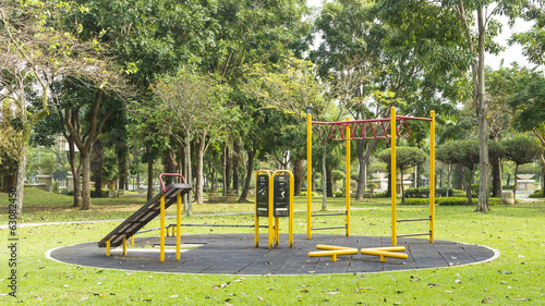 Outdoor fitness equipment in public park.