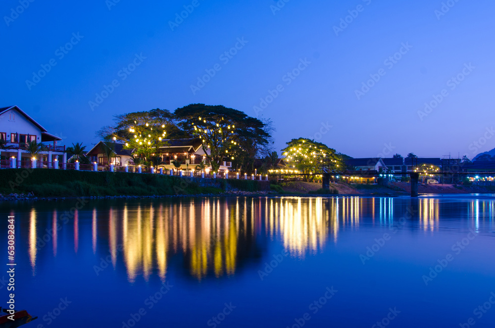 Night landscape in the Nam Song River at Vang Vieng, Laos