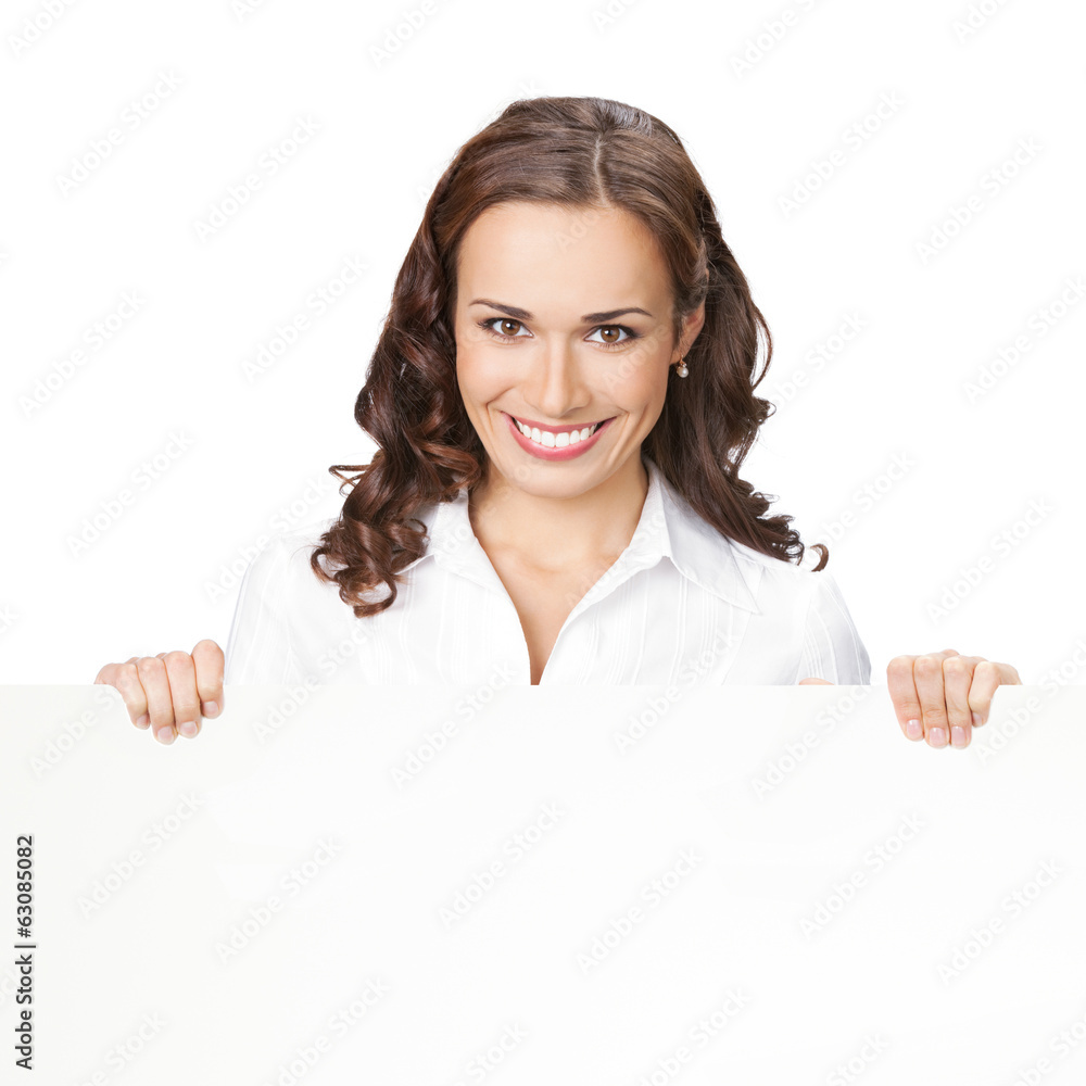 Businesswoman showing blank signboard, on white Businesswoman showing blank signboard, on white