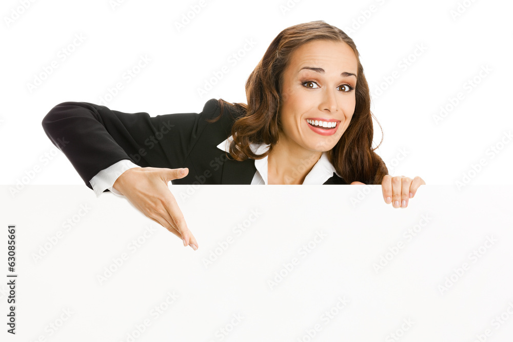 Businesswoman showing blank signboard, isolated Businesswoman showing blank signboard, isolated