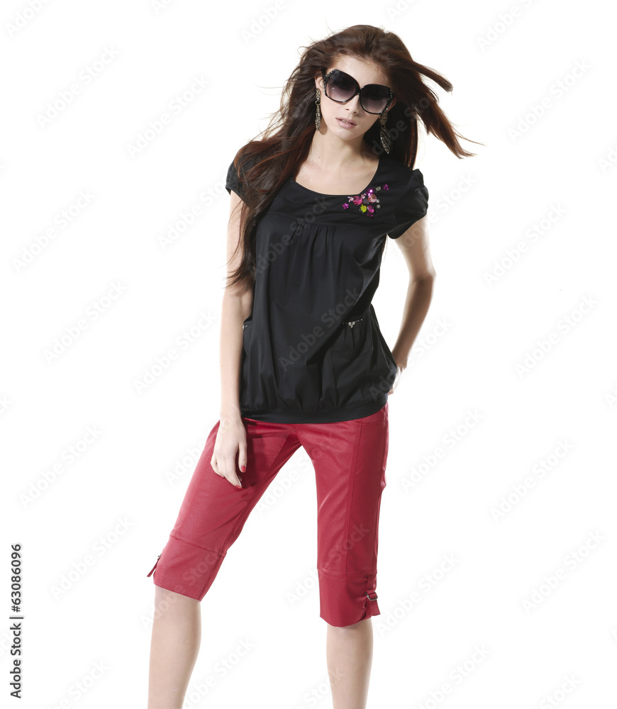 Fototapeta premium shot of girl with sunglasses posing on white background