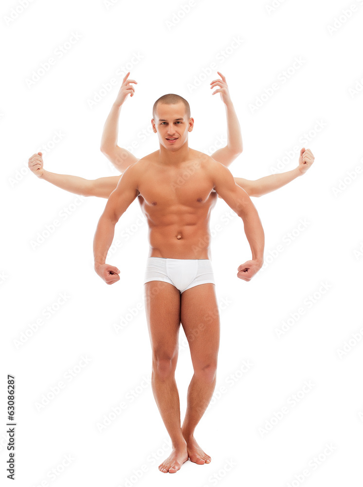 Attractive young man posing with many arms Attractive young man posing with many arms