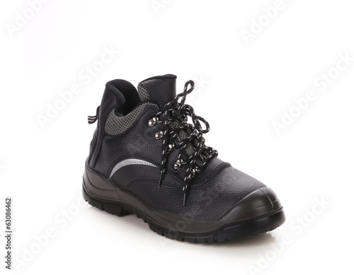 Black man's boot with gray bar.