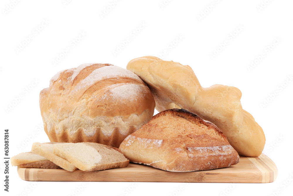 Composition of bread on cutting board.