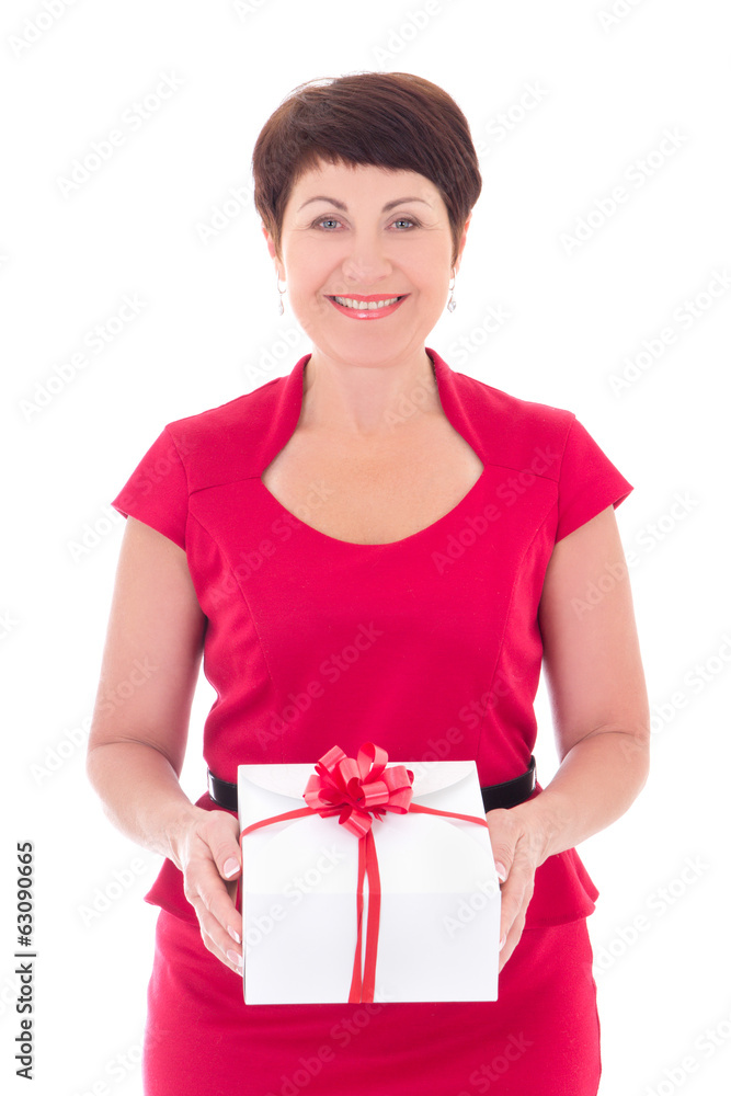 middle aged woman with gift box isolated on white middle aged woman with gift box isolated on white