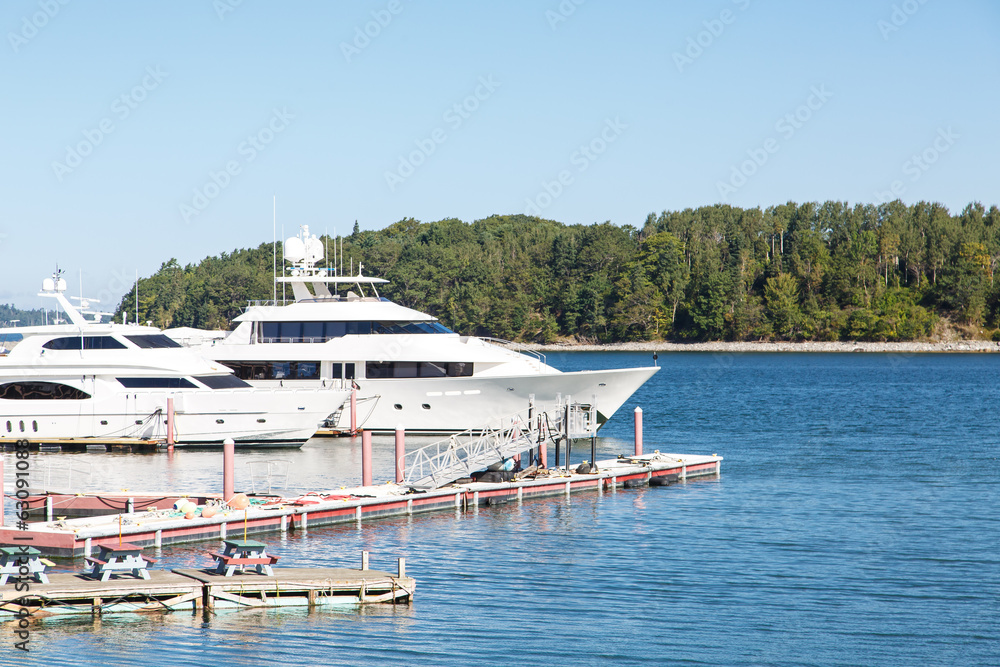 Fototapeta premium Two White Yachts in Maine Harbor