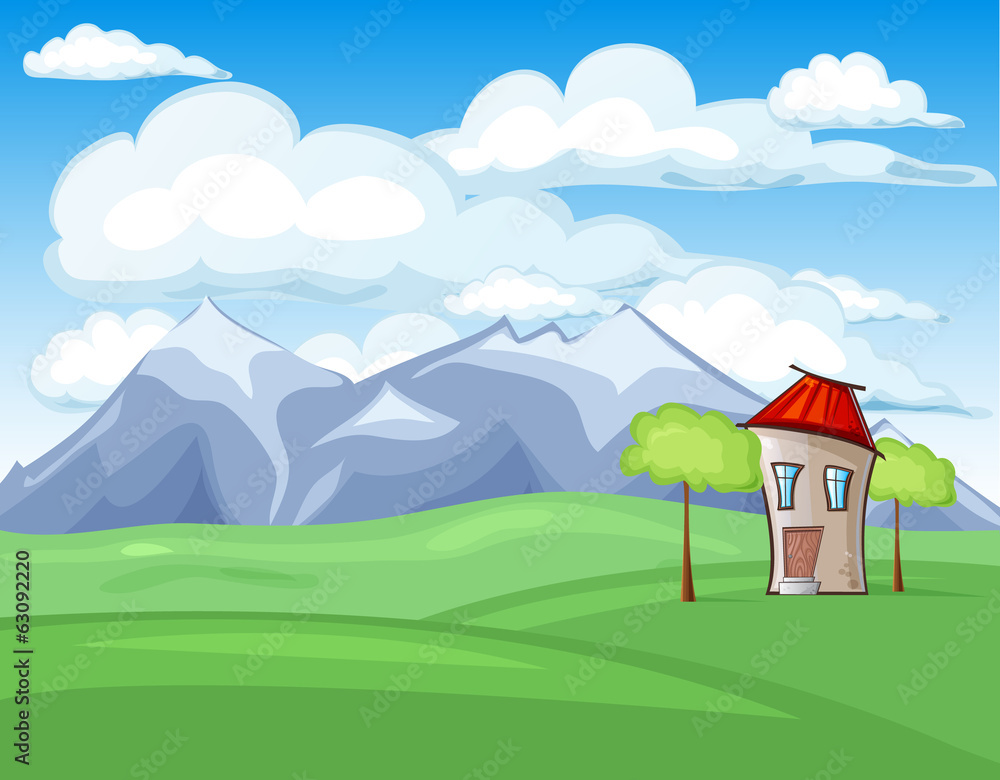 Seasonal landscape view with house on hill vector
