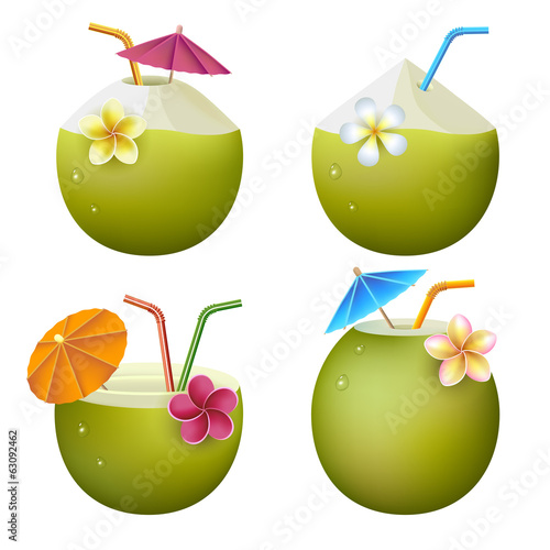 Exotic coconut cocktails on white background