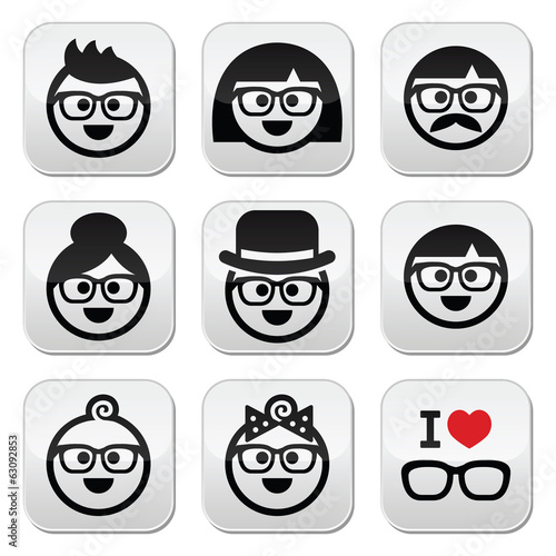 People wearing glasses, geeks icons set