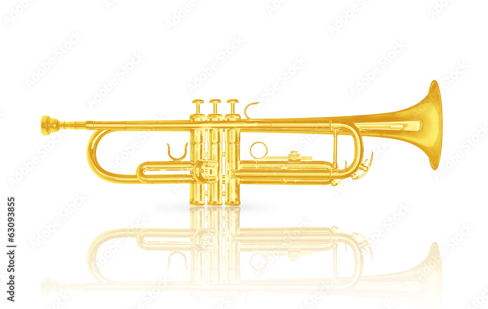 Obraz premium Gold trumpet instrument on white background.