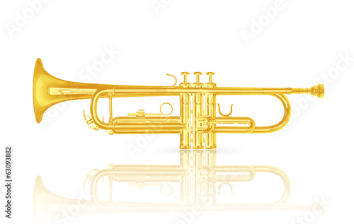 Gold trumpet instrument on white background.