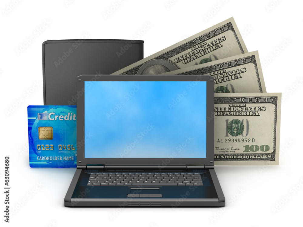 Dollars, laptop, leather wallet and credit card on white backgro Dollars, laptop, leather wallet and credit card on white backgro