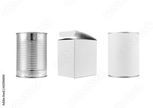 Metal can and various white box packages
