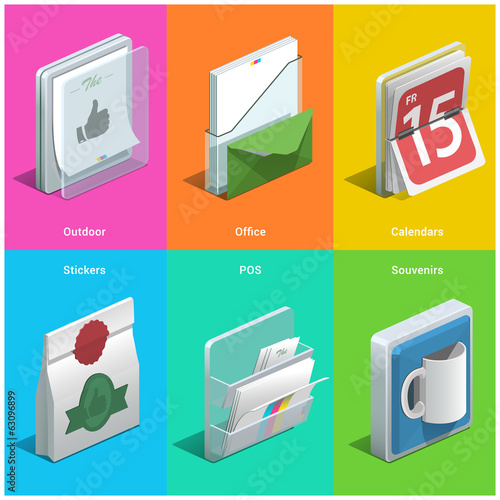 Printing isometric icons on a colorful background