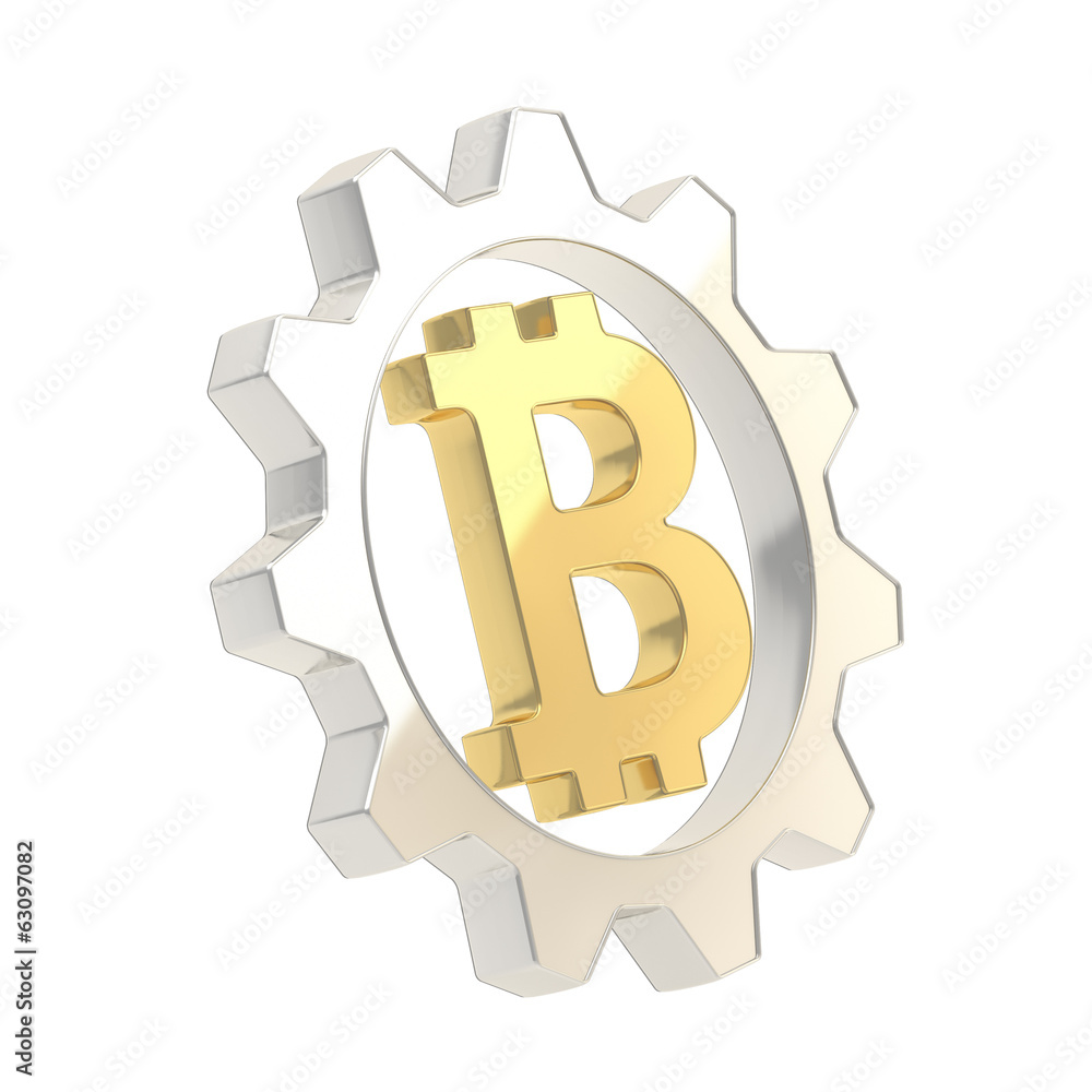 Bitcoin sign inside of a cogwheel gear isolated Bitcoin sign inside of a cogwheel gear isolated