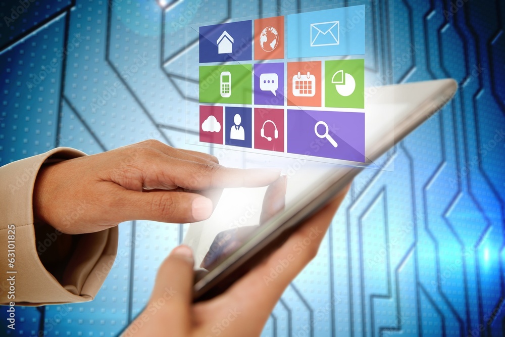Businesswoman touching tablet with app interface Businesswoman touching tablet with app interface