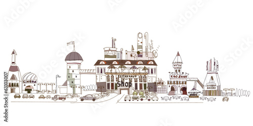 Shopping centre illustration with cafes, restaurants, cinema