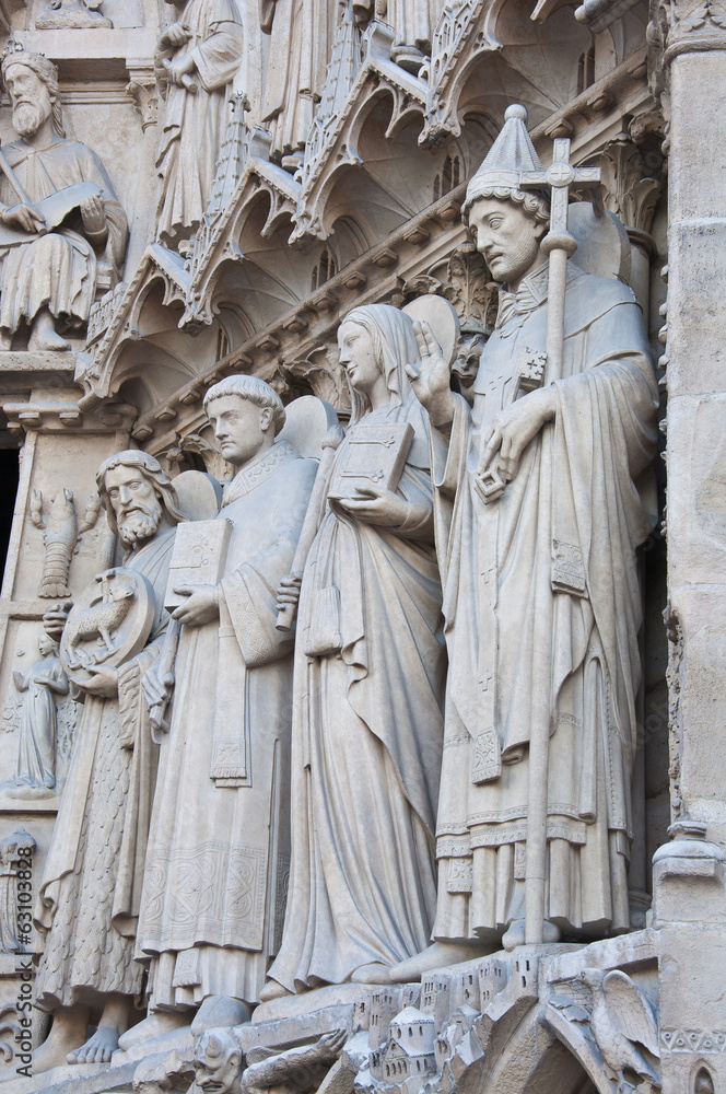 Saints on fasade of The Notre Dame de Paris. France.