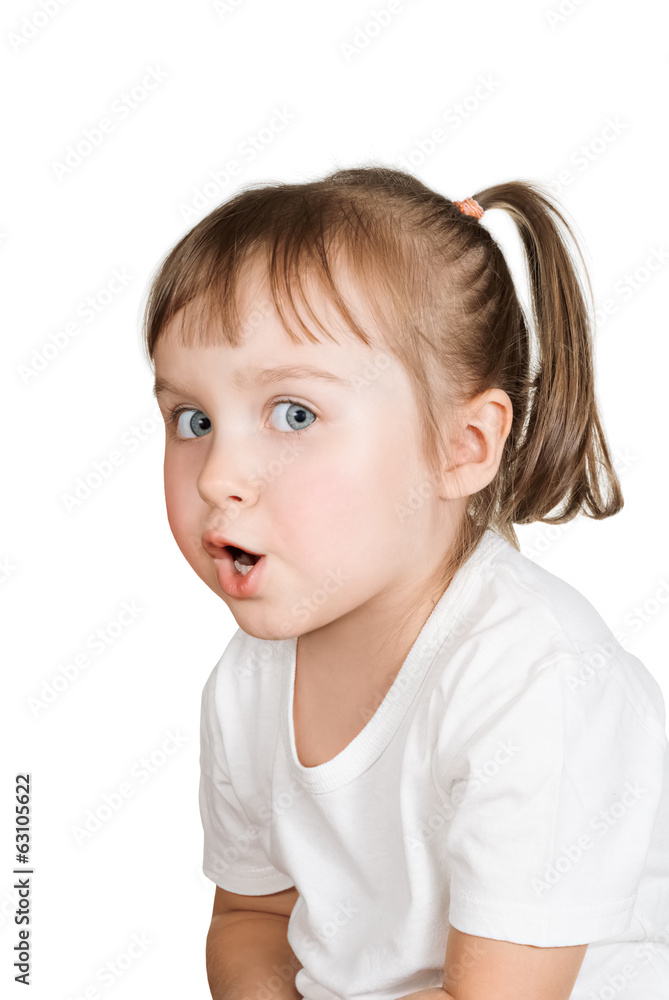 cute little girl very surprised against white background cute little girl very surprised against white background