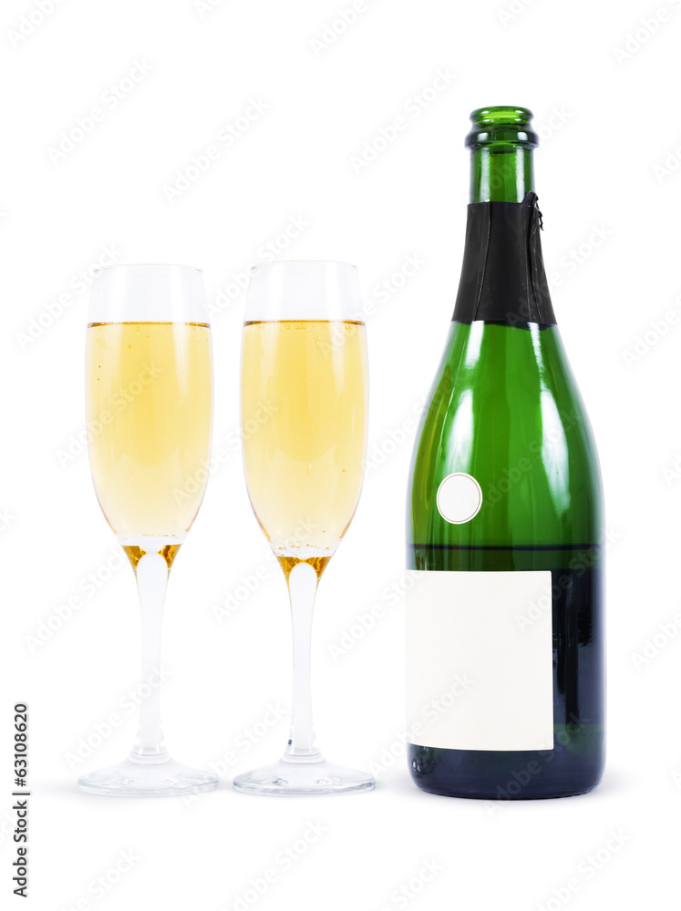 Bottle of champagne and glasses isolated on white Bottle of champagne and glasses isolated on white