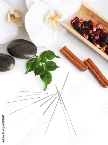 Fototapeta Naklejka Na Ścianę i Meble -  Composition with needles for acupuncture, isolated on white