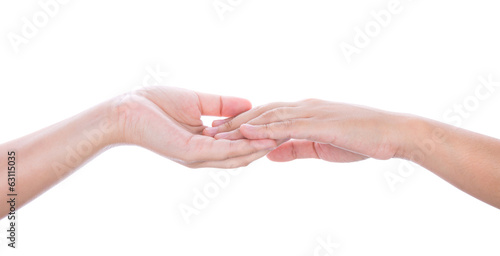 Hand touches hand isolated on white background