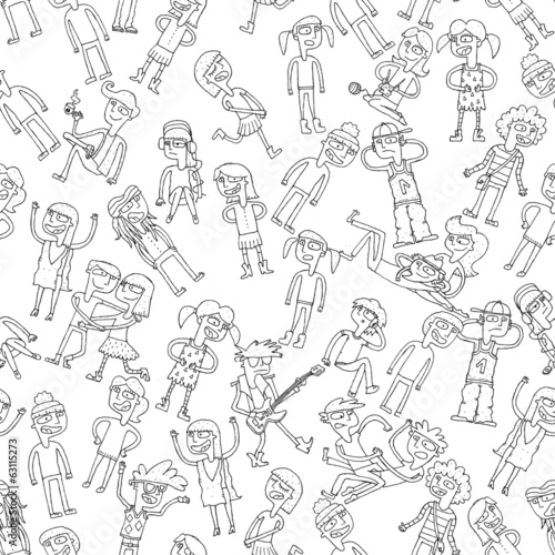 Singing children seamless pattern in black and white