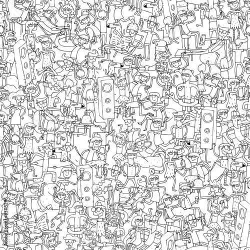 Dance party seamless pattern with doodled youngsters having fun