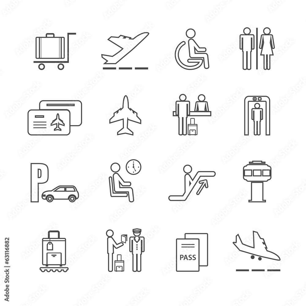 Flat airport icons set Flat airport icons set