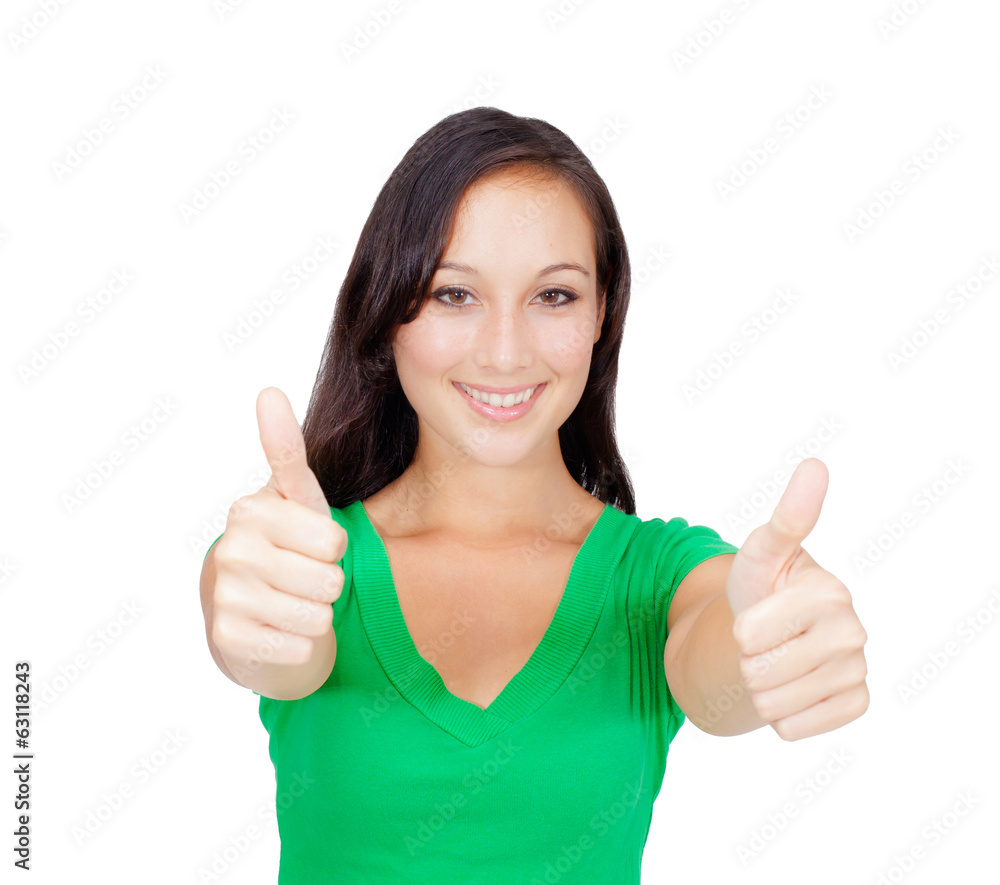 portrait of beautiful young success woman giving thumbs up portrait of beautiful young success woman giving thumbs up